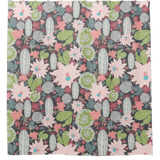 Cactus Succulents Green Pink Pattern Douchegordijn (Voorkant)