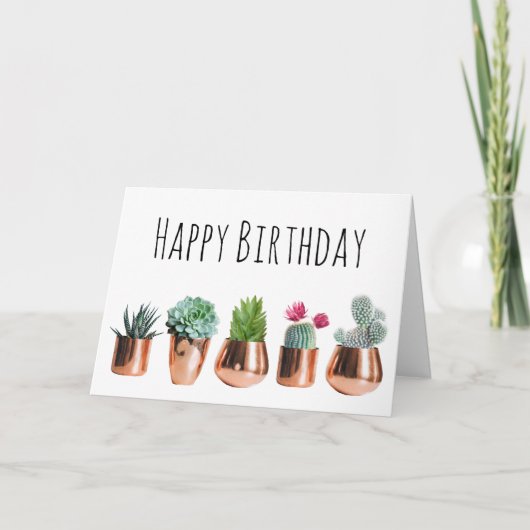 Cactus & Succulents in Roos Gold Pots Birthday Kaart (Voorkant)