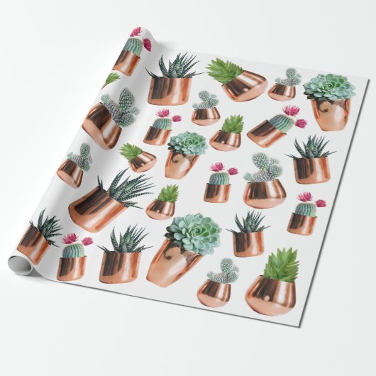 Cactus & Succulents in Roos Gold Pots Cadeaupapier (Uitgerold)