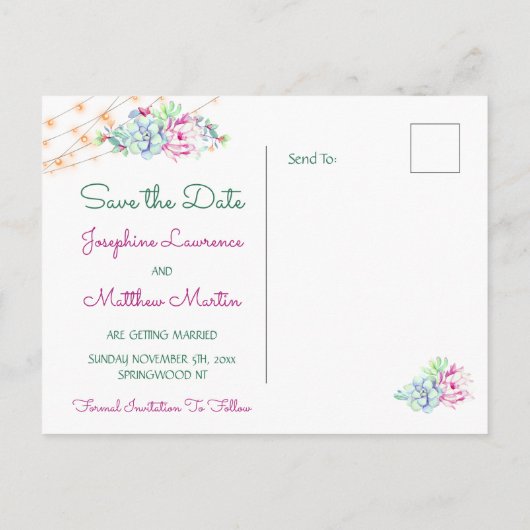 Cactus Succulents String Lights Save the Date Aankondigingskaart (Achterkant)