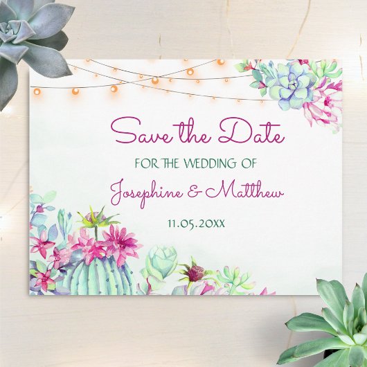 Cactus Succulents String Lights Save the Date Aankondigingskaart