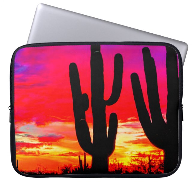 Cactus Sunset Red Pink Blue Oranje Laptop Sleeve (Voorkant)