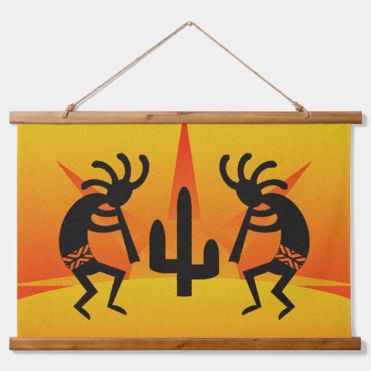 Cactus Sunset Woestijn Kokopelli Zuidwest Design Hangend Wandkleed (Voorkant)