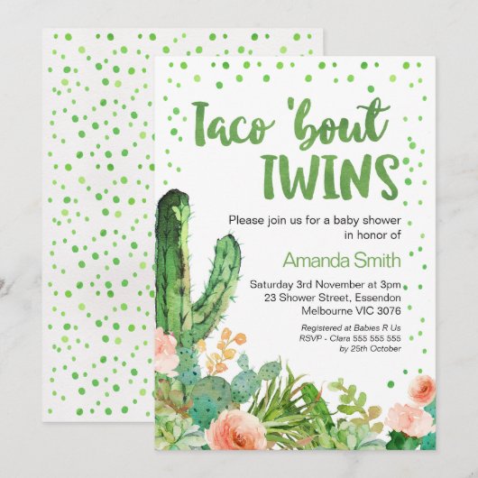 Cactus Taco 'Bout Twins Fiesta Baby shower Kaart (Voorkant / Achterkant)
