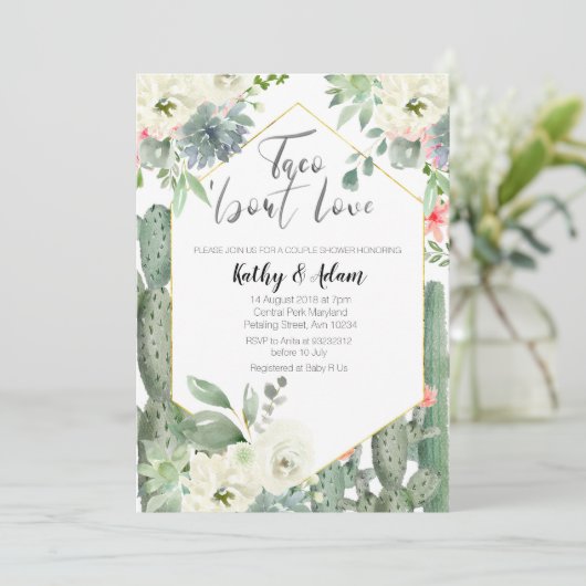 Cactus Taco over Love Couples Douche Uitnodiging (Staand voorkant)