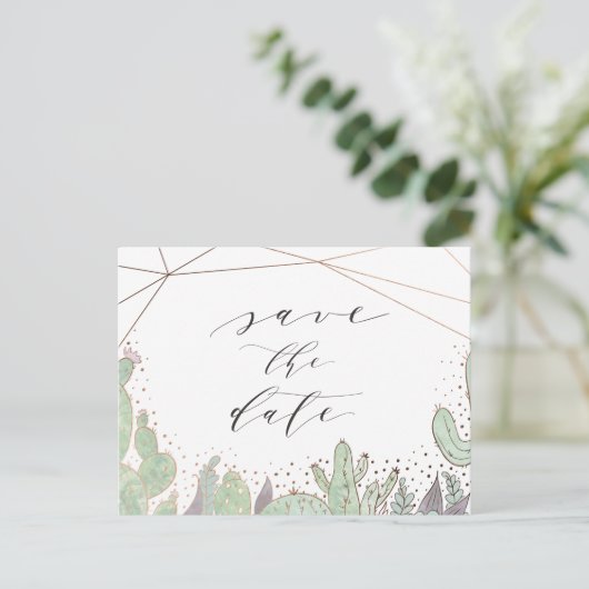 Cactus & Terrarium Geometrisch Bewaar de Datum Aankondigingskaart (Staand voorkant)