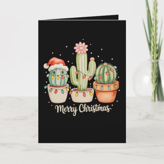 Cactus Trio Kerstman Hoed Kerstverlichting Prettig Kaart (Voorkant)