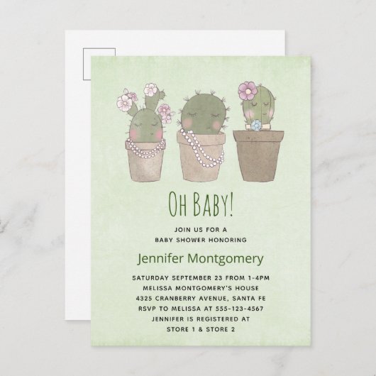 Cactus Trio Waterverf Baby shower Uitnodiging Briefkaart (Voorkant / Achterkant)