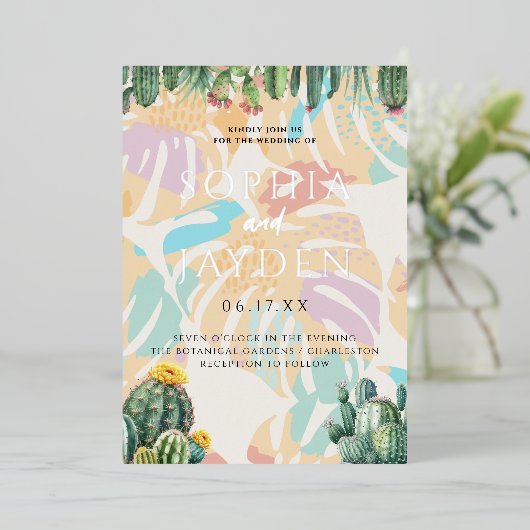 Cactus Tropical Palm Tree Desert Boho Wedding Folie Uitnodiging (Staand Voorkant)