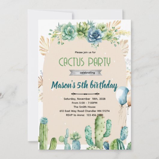 Cactus uitnodiging met blauwe bloemen woestijn (Voorkant)