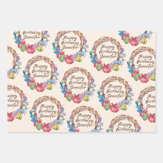 Cactus Voeg tekst en naam Mooie Waterverf 3 Inpakpapier Vel (Voorkant 3)