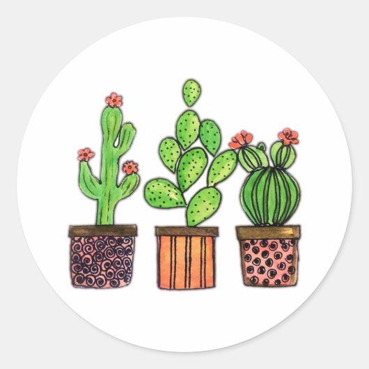 Cactus Waterverf in potten Ronde Sticker (Voorkant)