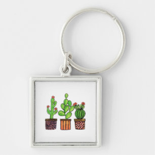 Cactus Waterverf in potten Sleutelhanger