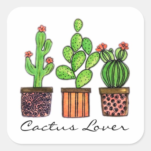 Cactus Waterverf in potten Vierkante Sticker (Voorkant)