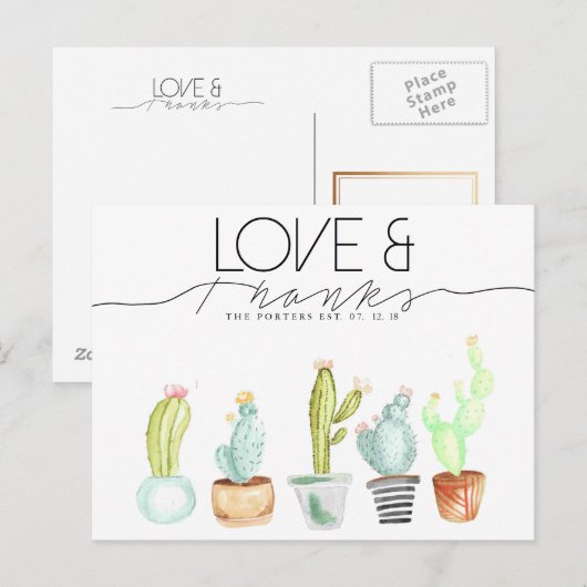 Cactus Waterverf | Liefde & Bedankt Briefkaart (Voorkant / Achterkant)