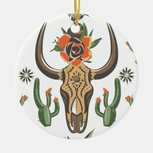 Cactus Western Land Azteekse Bull Skull Keramisch Ornament (Voorkant)