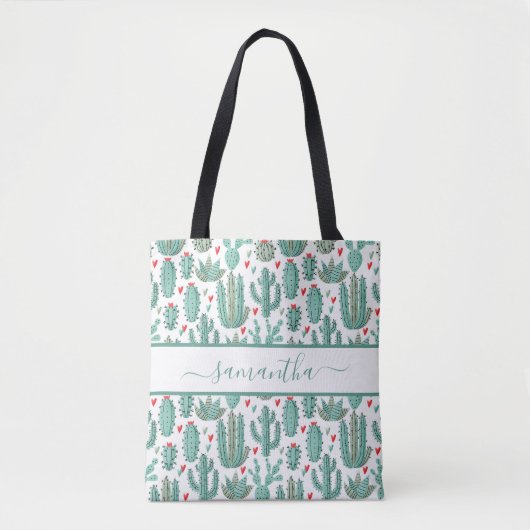 Cactus white green name script tote bag (Voorkant)