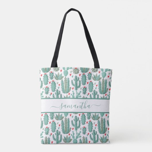Cactus white green name script tote bag (Achterkant)