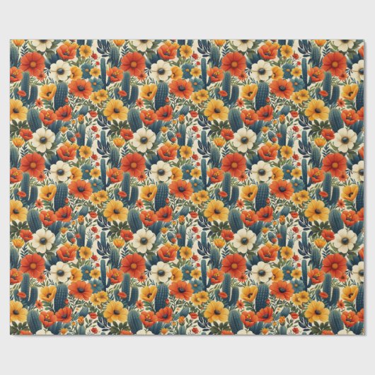 Cactus Wilde Bloemen Rode Crème Bloemen Decoupage Cadeaupapier (Vlak)