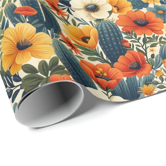 Cactus Wilde Bloemen Rode Crème Bloemen Decoupage Cadeaupapier (Rol Hoek)