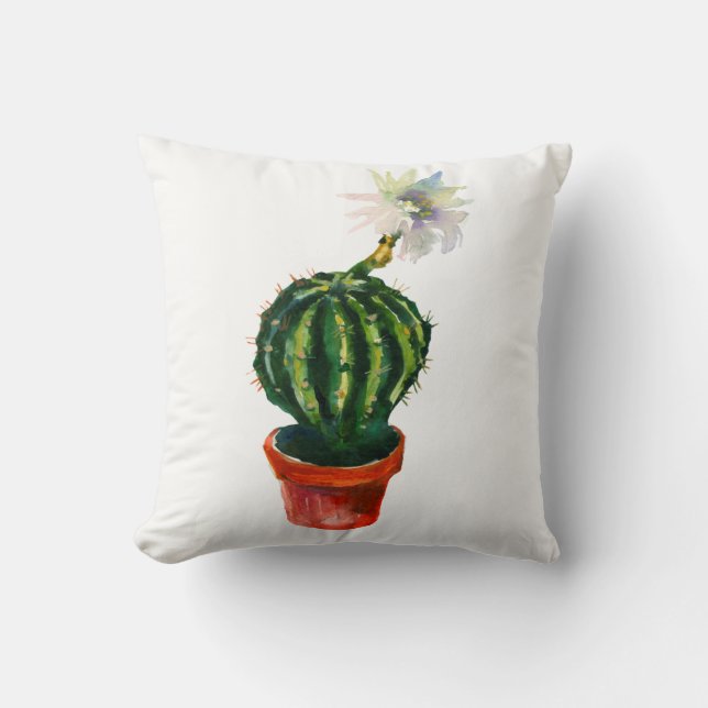 Cactus Witte Bloem Waterverf Zuidwesterse Boho Kussen (Voorkant)