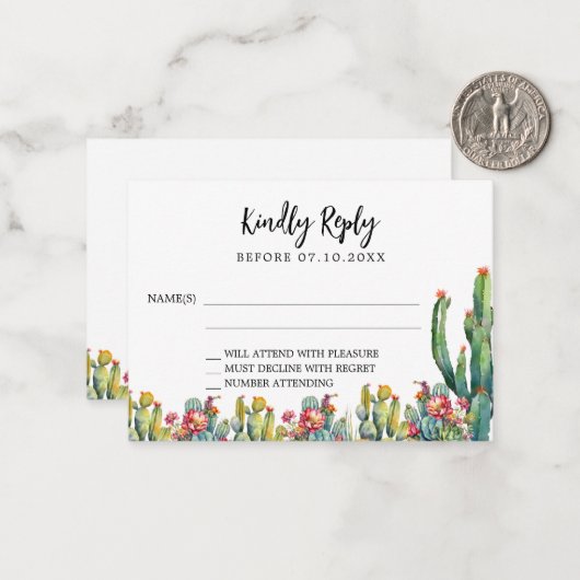 Cactus woestijn florals trouwantwoord RSVP Notitiekaartje (Voorkant / Achterkant in situ)