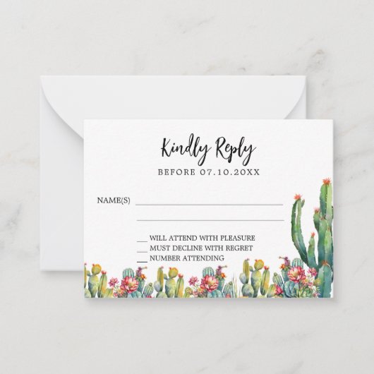 Cactus woestijn florals trouwantwoord RSVP Notitiekaartje (Voorkant)