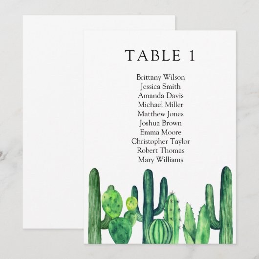 Cactus zitplaatskaart voor trouwfeest. Groene tafe Kaart (Voorkant / Achterkant)