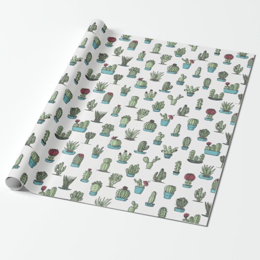 Cactuses en Succulente Planten Hand Drawn Pattern Cadeaupapier (Uitgerold)
