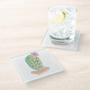 Cactusplant met de hand geschilderd aquarel roze g glazen onderzetter