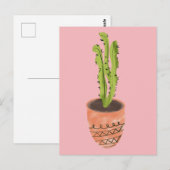Cactusplant Terracotta Handgetekend Roze Briefkaart (Voorkant / Achterkant)