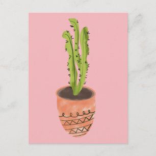 Cactusplant Terracotta Handgetekend Roze Briefkaart
