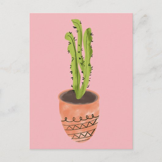 Cactusplant Terracotta Handgetekend Roze Briefkaart (Voorkant)