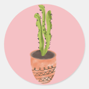 Cactusplant Terracotta Handgetekend Roze Ronde Sticker