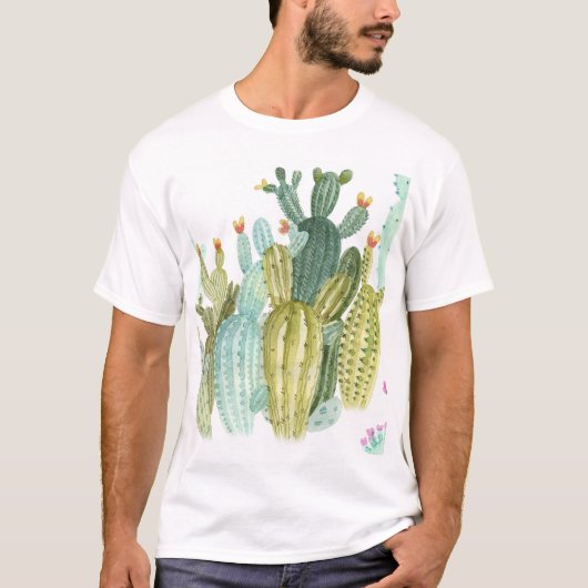  cactussen bloeiend Waterverf patroon T-shirt (Voorkant)