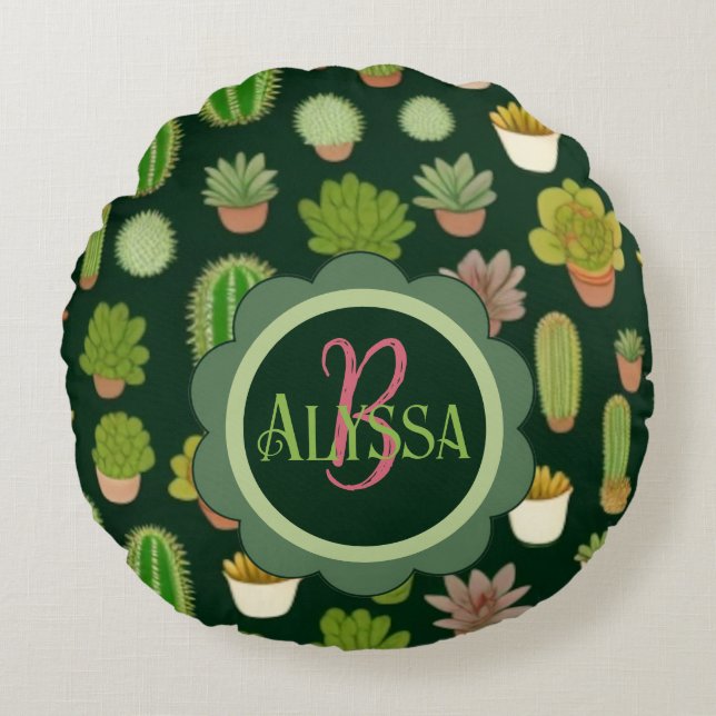 Cactussen en Succulent Wonderland: Naam aanpassen Rond Kussen (Voorkant)