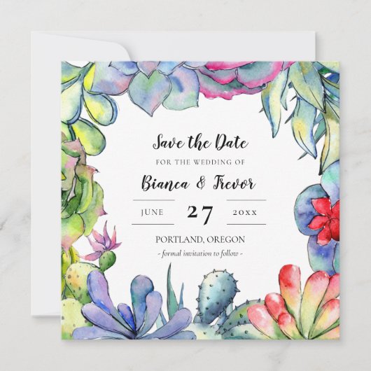 Cactussen en succulenten waterverf Bewaar de datum Kaart (Voorkant)