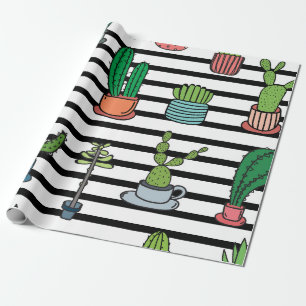 Cactussen en vetplanten op streepjespatroon cadeaupapier