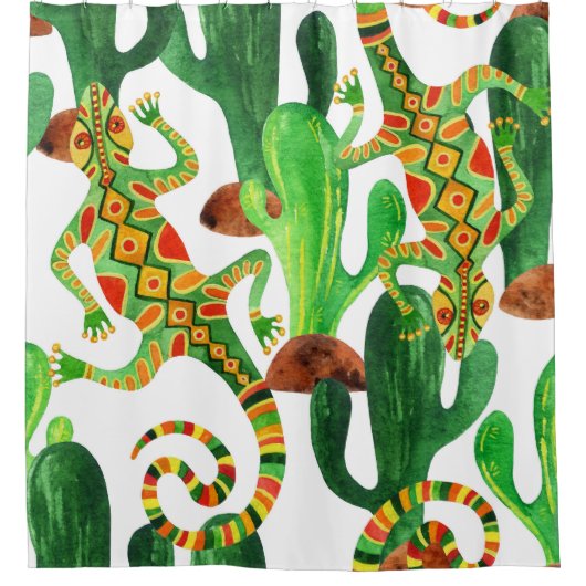 Cactussen hagedissen Waterverf Print Douchegordijn (Voorkant)