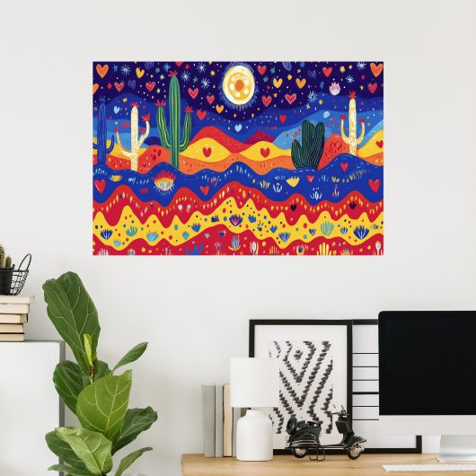 Cactussen, harten en maanverlichte sterren poster (Thuiskantoor)