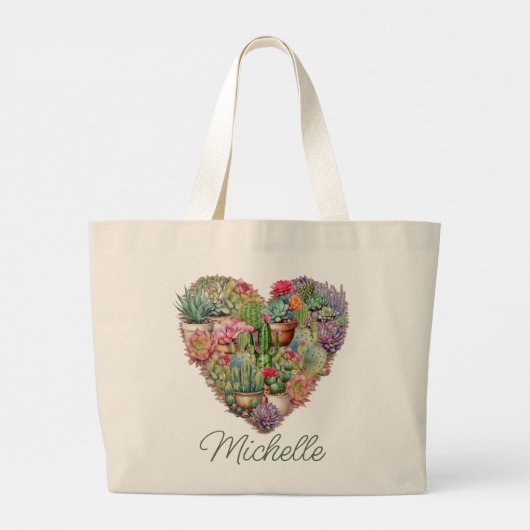 Cactussen in hartvorm met naam grote tote bag (Achterkant)
