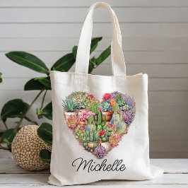 Cactussen in hartvorm met naam tote bag