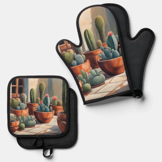 Cactussen Succulente Planten Botanische Cactus Ovenwant & Pannenlap Set (Voorkant / Achterkant)