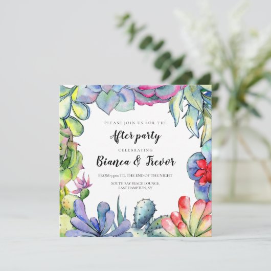 Cactussen & vetplanten waterverf bruiloft na feest kaart (Staand voorkant)