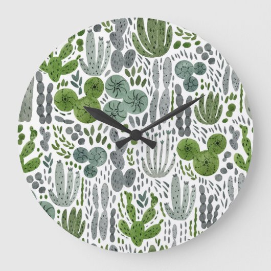 Cactussen Waterverf Handgeschilderd Patroon Grote Klok (Voorkant)