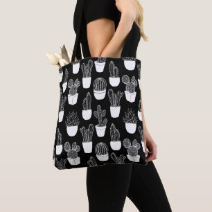 Cactussen witte lijn art groot patroon tote bag