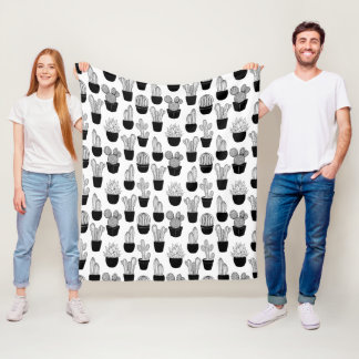 Cactussen Zwart Lijn Art Groot Patroon Fleece Deken