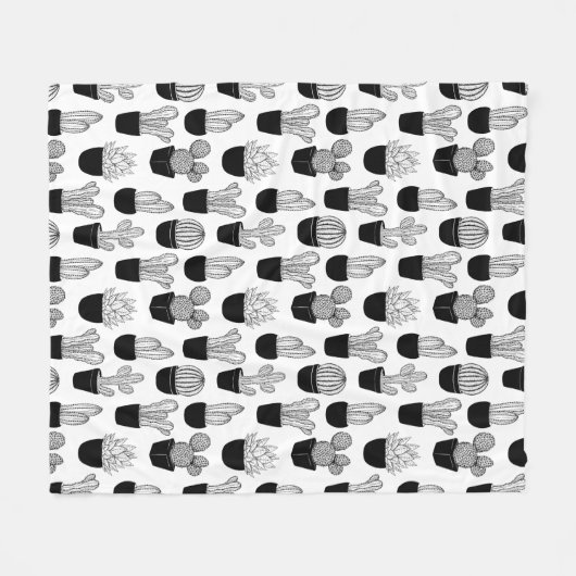 Cactussen Zwart Lijn Art Groot Patroon Fleece Deken (Voorkant (Horizontaal))
