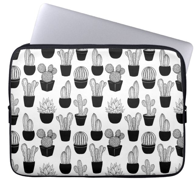 Cactussen zwart lijn art patroon laptop sleeve (Voorkant)