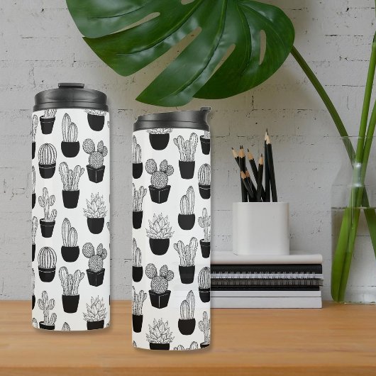 Cactussen zwart lijn art patroon thermosbeker